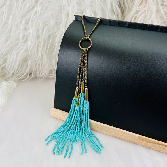 Bohemian southwestern chic aged brass tone blue beaded fringe long necklace - Picture 3 of 8